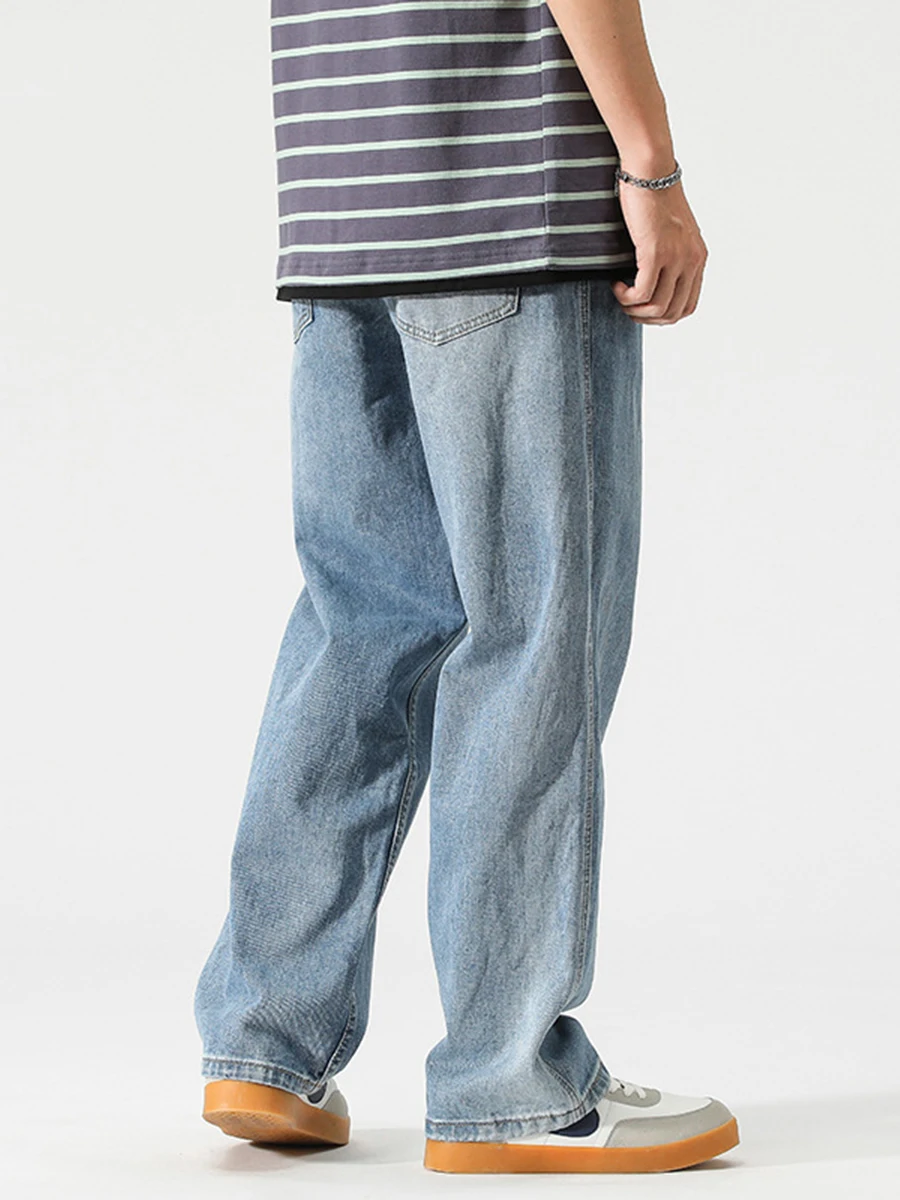 Four Seasons Men's Jeans American Loose Straight Retro Washed Jeans Men's Large Size Tide Brand High Street Wide Leg Pants JEANS
