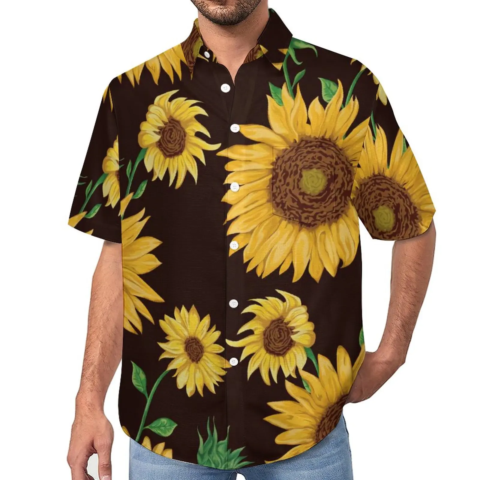 

Abstract Sunflower Casual Shirts Sunflowers Pattern Design Vacation Shirt Hawaii Stylish Blouses Male Printed Big Size
