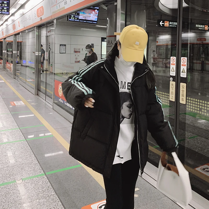 Three Bars Down Cotton Coat Women's 2022 Winter Thickened Warm Stand Collar Versatile Loose Student Cotton Coat Bread Coat