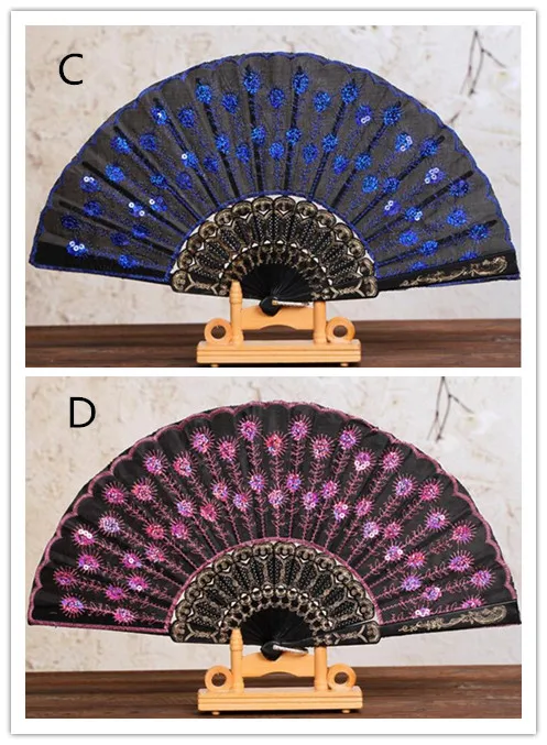 

100pcs new Chinese Folding Peacock Hand Fan Bead Fabric Decor Colored Embroidered Flower Pattern Black Cloth Folding Hand Fan