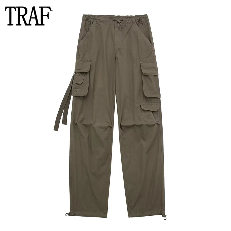 

TRAF Parachute Trousers Women Camel High Waist Pants for Women Pleated Winter Baggy Pants Women Streetwear Casual Pants Woman