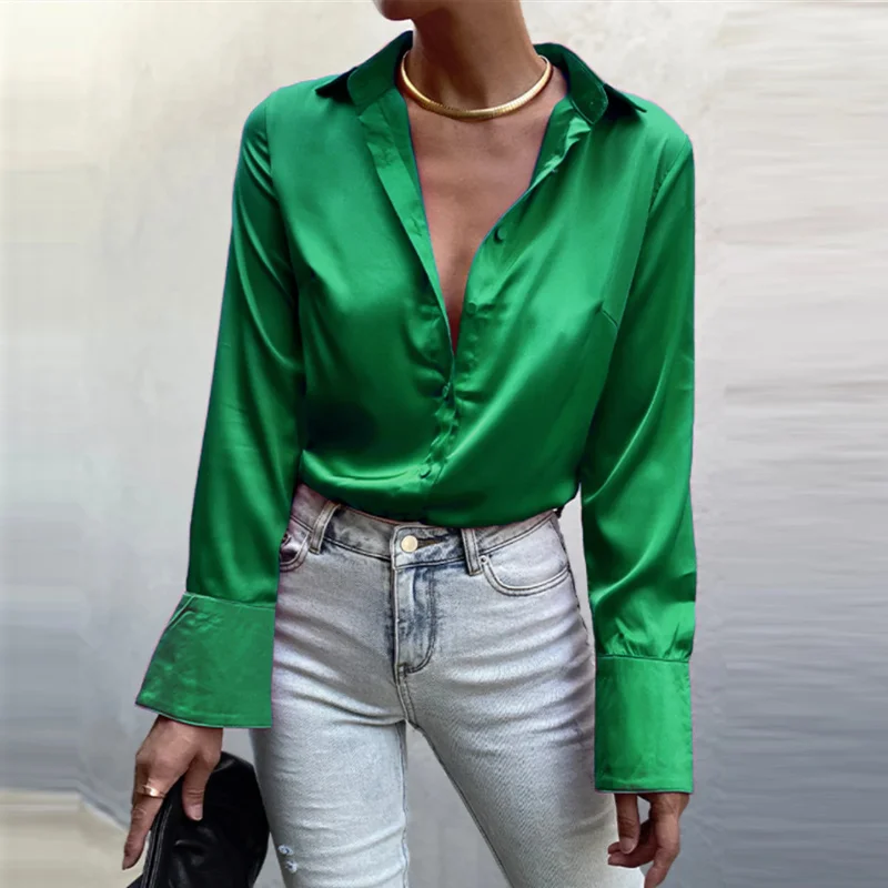 Women Silk Satin Shirt Elegant Green Button Up Loose Office Ladies Shirts Top Lapel 2022 Spring Summer Long Sleeve Blouse Tops