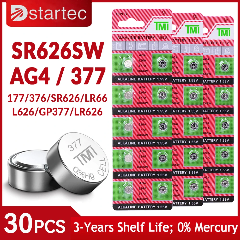 

DStartec 30PCS AG4 Coin Battery LR626 377 Button Cell Coin Alkaline Battery 1.55V SR626SW 377A LR66 for Watches Toys No Mercury