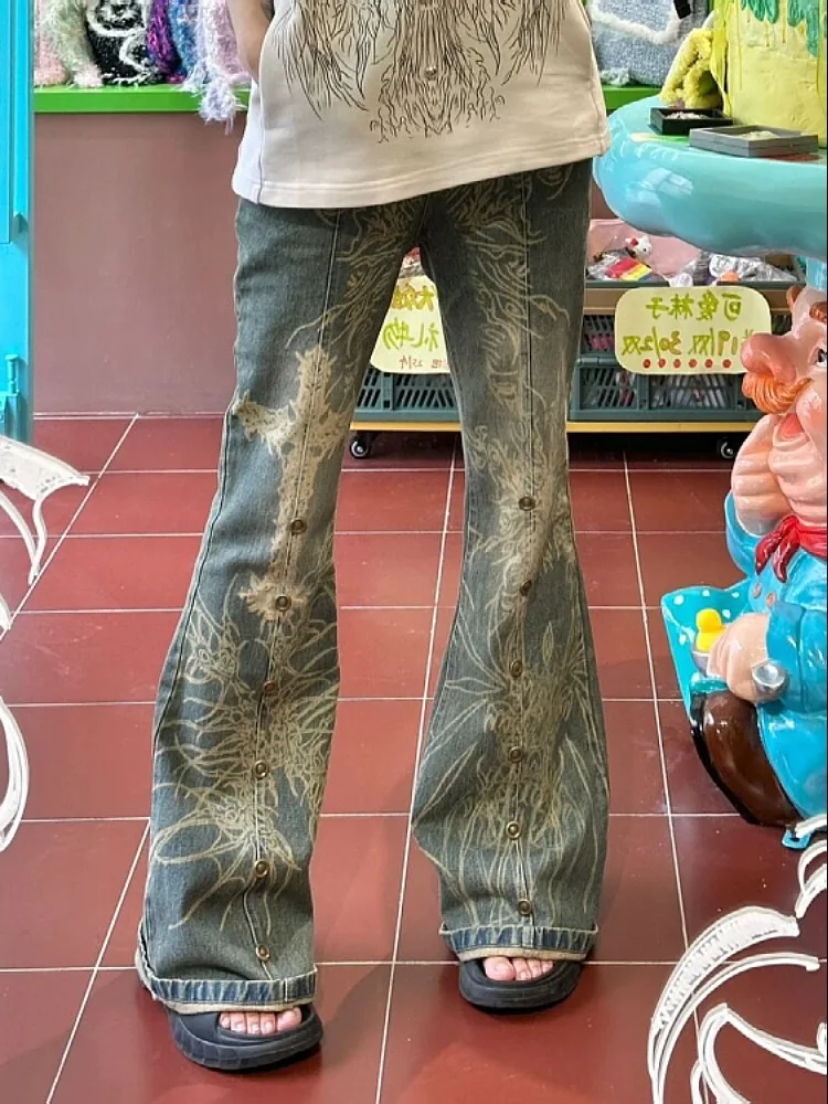 

ADAgirl Vintage Blue Flare Jeans Women Oversized Streetwear High Waist Slim Straight Pants Do Old Zipper Print Rivet Long Pants