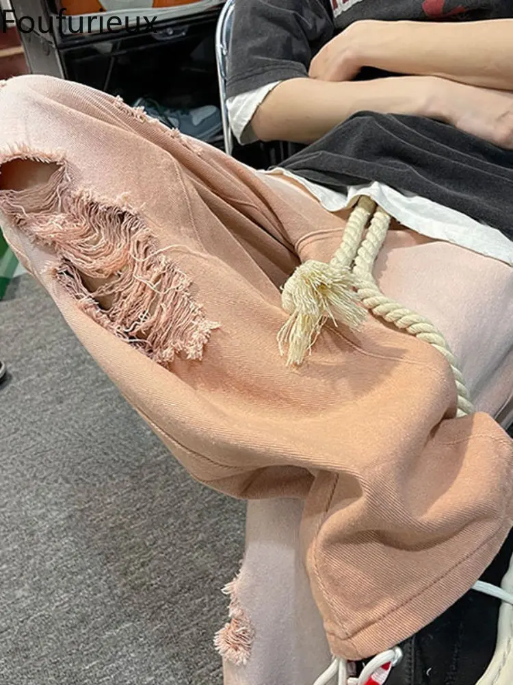 

Модные мужские джинсы foufurious в стиле Харадзюку, широкие штаны в стиле хип-хоп, Свободные повседневные джинсовые брюки, мешковатые уличные му...