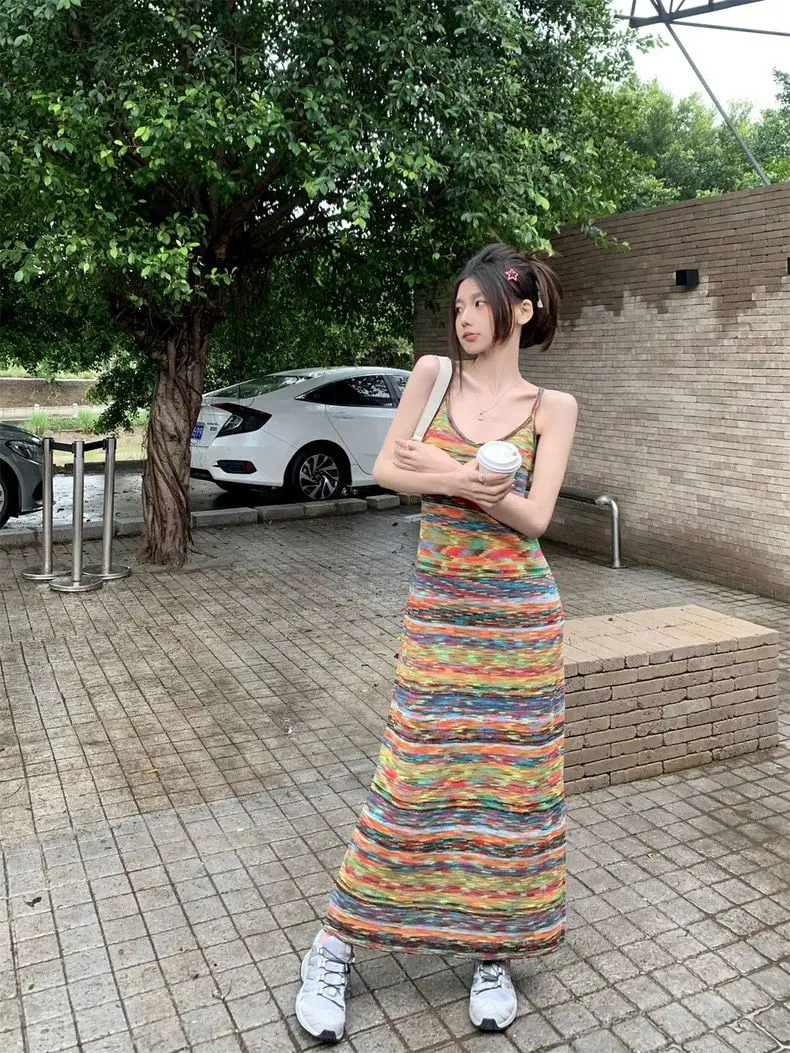 Французская Летняя мода новый дизайн нишевое приталенное платье с радужными