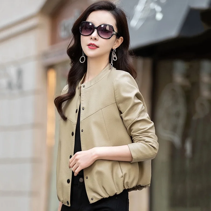 Leather New Women Short Jacket Spring Autumn 2023 Casual Fashion O-Neck Solid Loose Sheepskin Coat Leather Outerwear Biker Tops