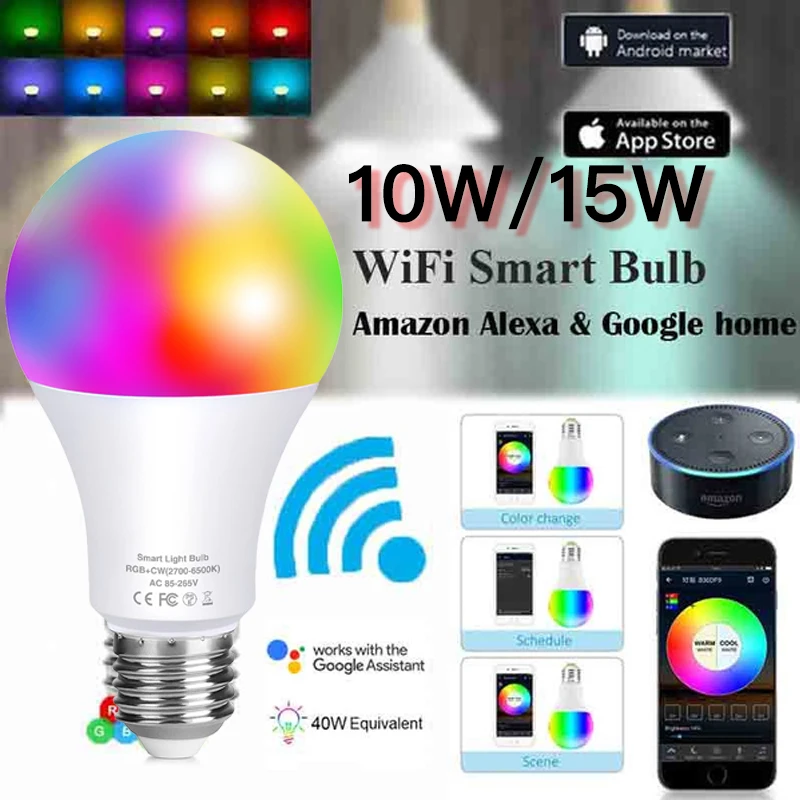 LED Smart Bulb 15W Dimmable Color WIFI Bulb Room Decor RGB+White Timer Bluetooth Bulb Compatible With Alexa/Google Home