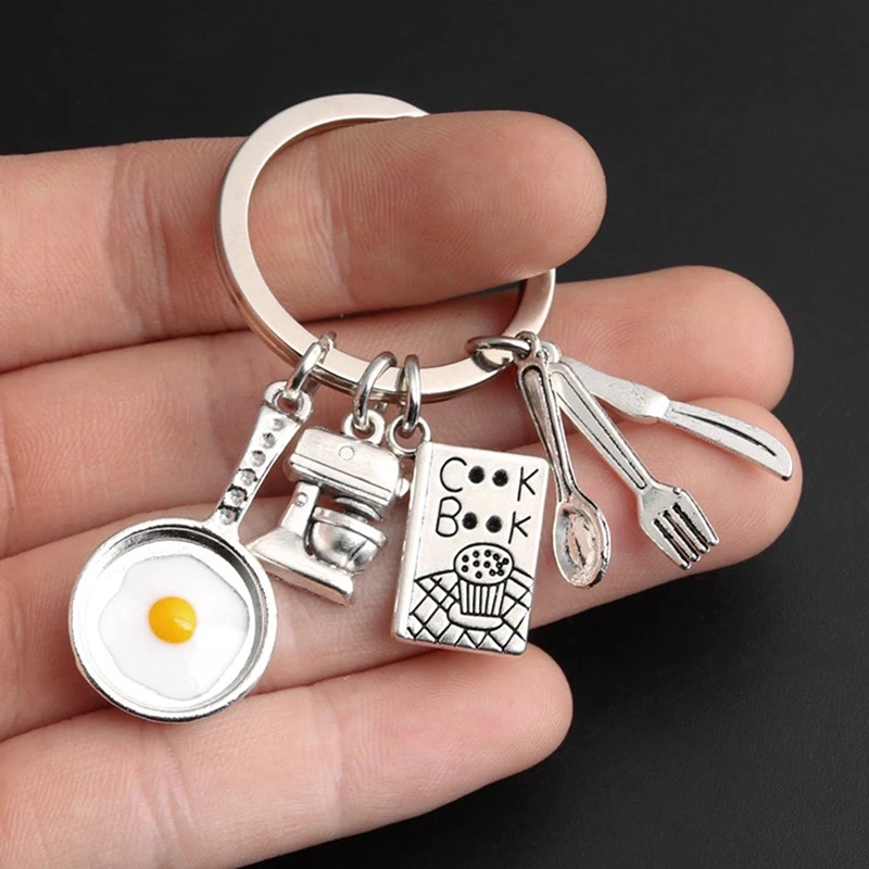 

New Cooking Keychain Home Cooking Key Ring Fried Egg Pan Blender Cook Book Tableware Key Chain For Chef Gifts Jewelry Handmade