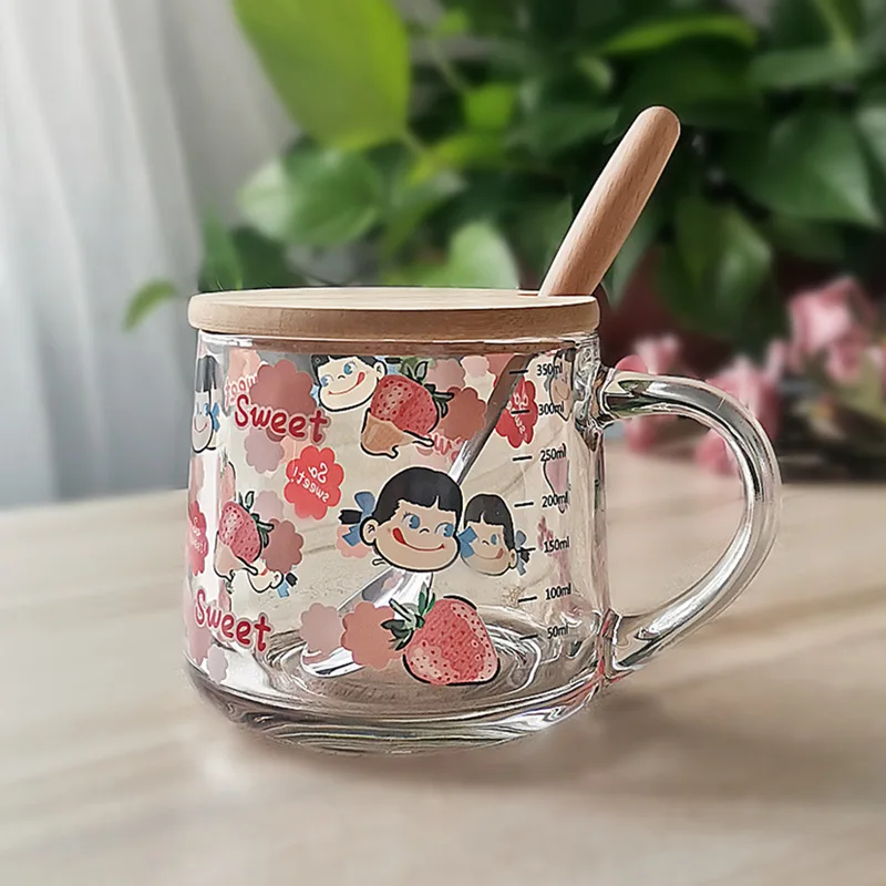 

Glass straw milk breakfast cup cute graduated cup with spoon cup