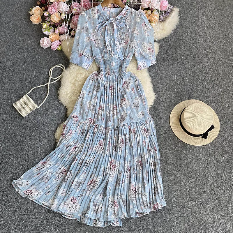 

Elegant Long Chiffon Dress for Women Floral Pleated Tie Neck Half Sleeve Female Vestidos Chic Thin Daily Casual Traf 2023 New In