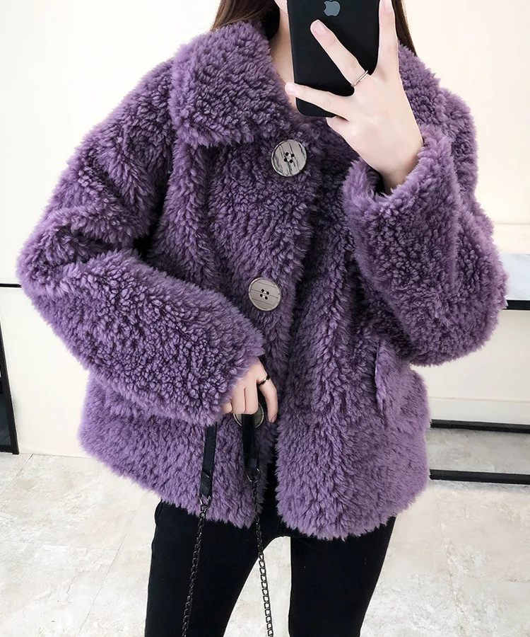 New Winter Jacket Women Overcoat Single Breasted Woven Real Natural Wool Fur Turn-down Collar Warm Loose Thick Outerwear E631