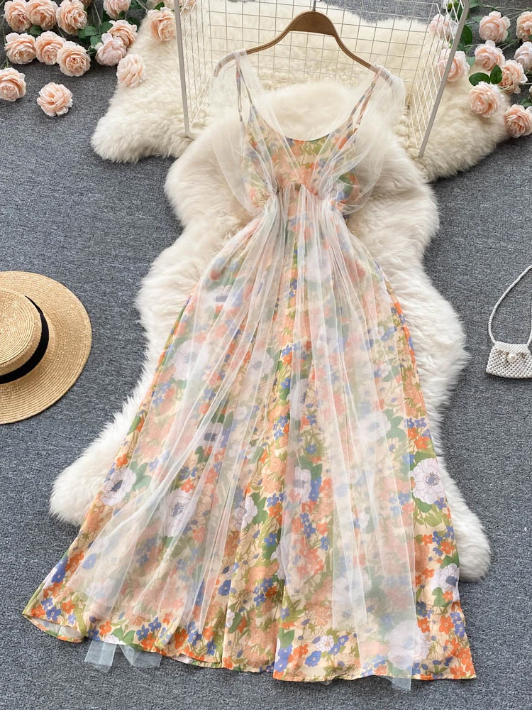 

Women 2022 new suspender skirt barbed wire gauze a-line skirt waist thin and gentle French floral dress vestidos female D0868