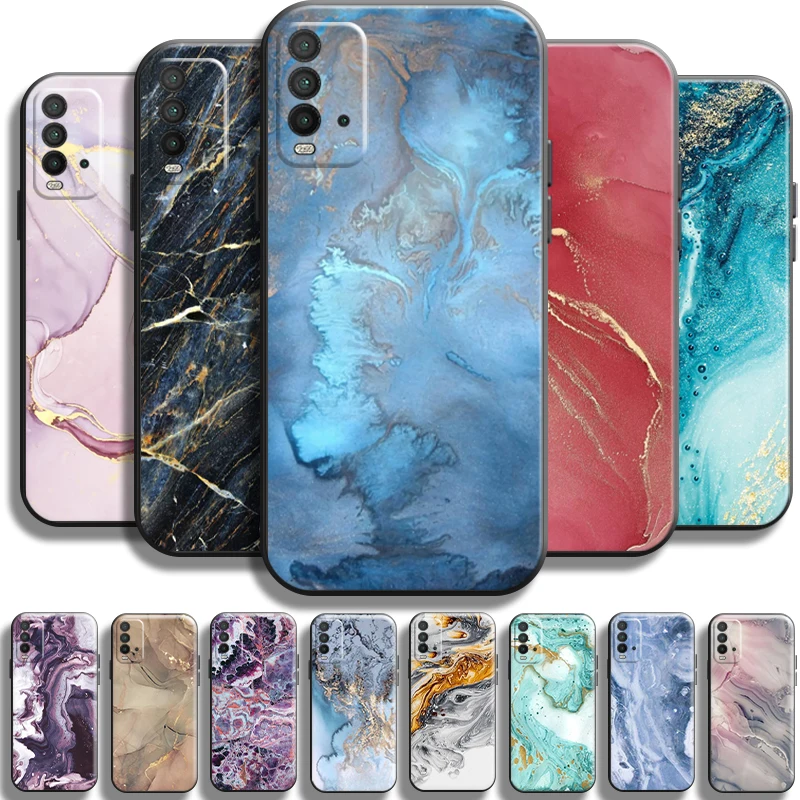 

Watercolor Painting Marble For Xiaomi Redmi 9T Phone Case Carcasa Cases Black Full Protection TPU Cover Shockproof Back Soft