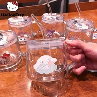 cartoon anime sanrio glass straw cup with lid melody kuromi cinnamoroll children milk cup water cup girls coffee breakfast cup