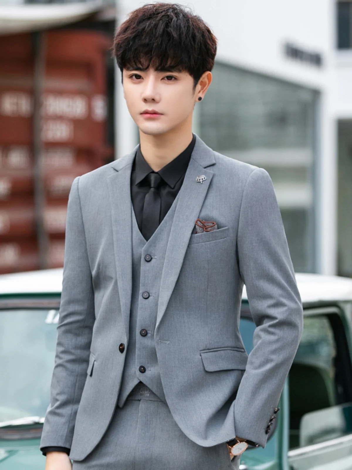 Outerwear Men's Trendy Handsome Professional Guest look Three-Piece Set Slim fit Korean Sle Suit set Bridegroom Wedding
