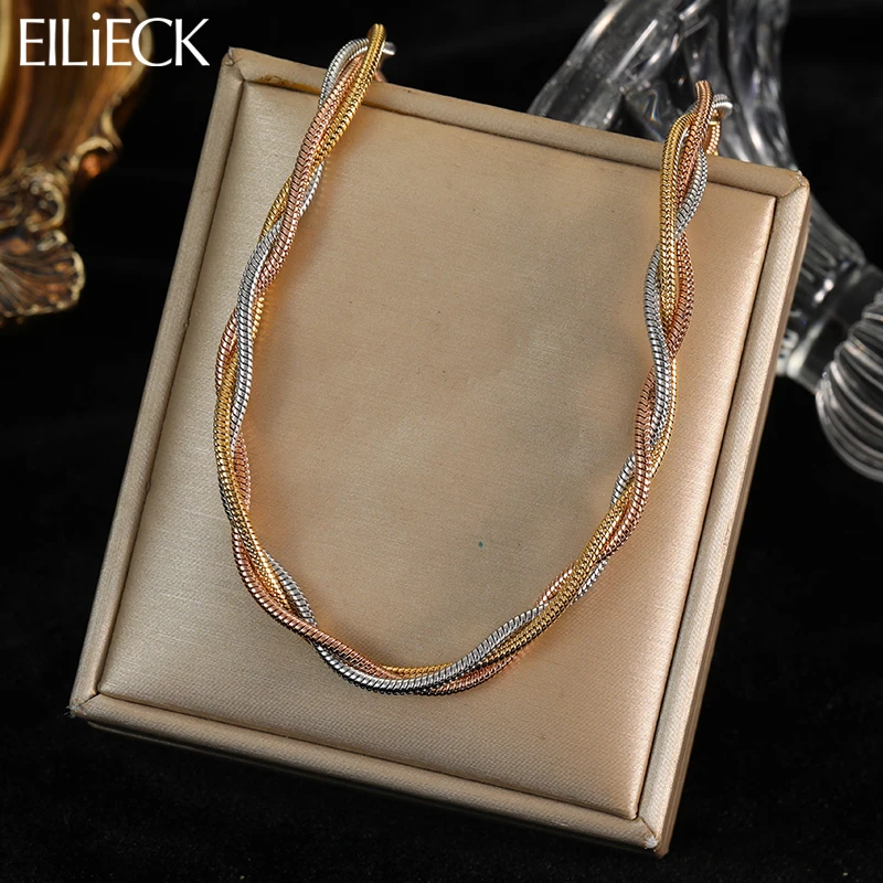 

EILIECK 316L Stainless Steel 3-Color Crossover Choker Necklace For Women New Clavicle Chain Waterproof Jewelry Gift Party