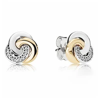 original sparkling golden interlinked circles with crystal stud earrings for women 925 sterling silver wedding pandora jewelry