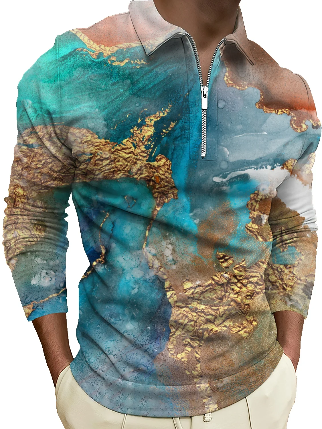 

Роскошный легкий хлопковый свитер с отложным воротником и бронзовой текстурой, Мужская трендовая куртка с воротником-поло на молнии и с вор...