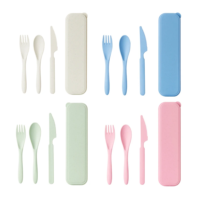 

3Pcs Wheat Straw Dinnerware Set Portable Tableware Knife Fork Spoon Eco-Friendly Travel Cutlery Set Utensil Box Chopsticks Set