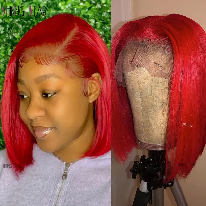 

Straight Lace Front Wig Burgundy Red Colored Bob Wig Lace Front Human Hair Wigs Transparent 13X1 Brazilian Lace Frontal Wig Remy