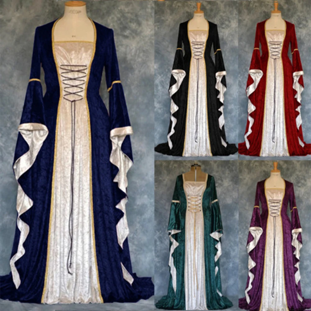 

Women European Medieval Velvet Retro Court Princress Cosplay Costume Long Dress Elegant Witch Square Collar Masquerade VD3664