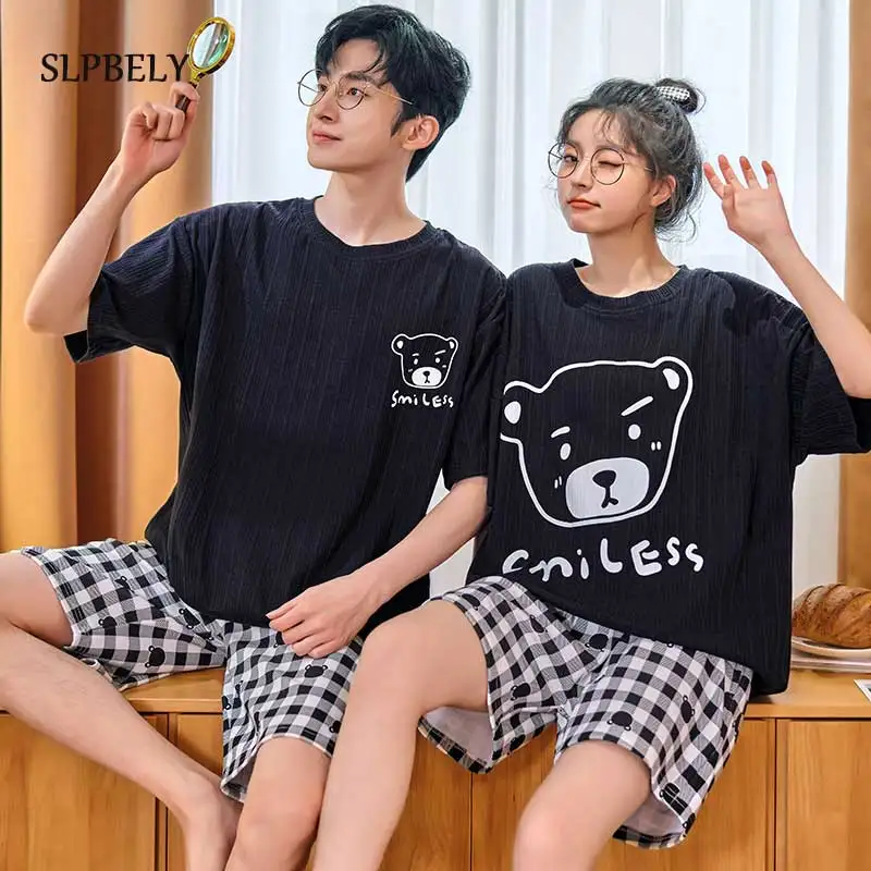 

SLPBELY Summer Couple Pajamas Set Leisure Cartoon Plaid Short Sleeve Lover Pyjamas With Shorts Nightwear Sleepwear Homewear Cute