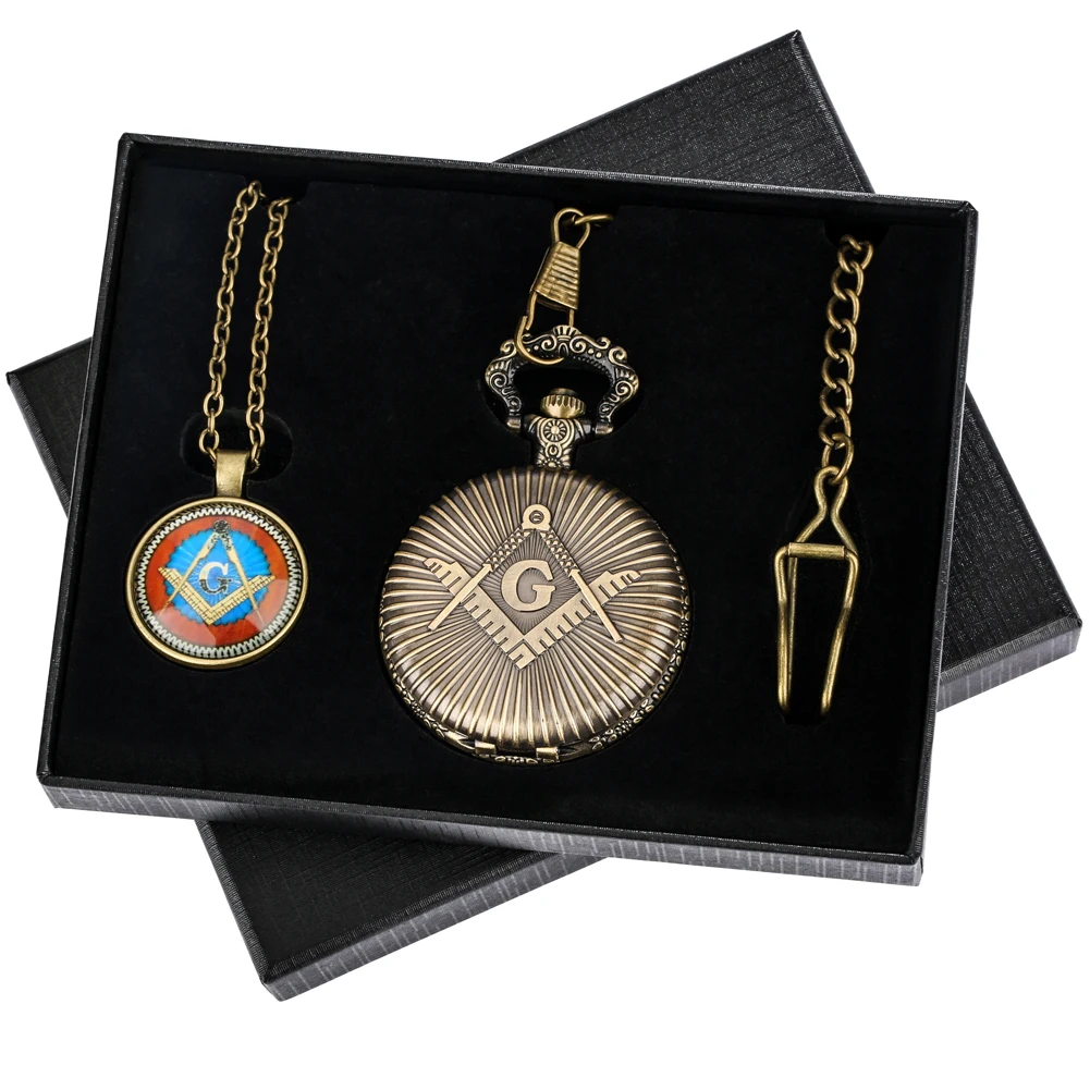 Men's Antique Freemason Chrome Square and Compass Masonic Necklace Pendant Quartz Pocket Watch Best Gifts Set Box for Freemason
