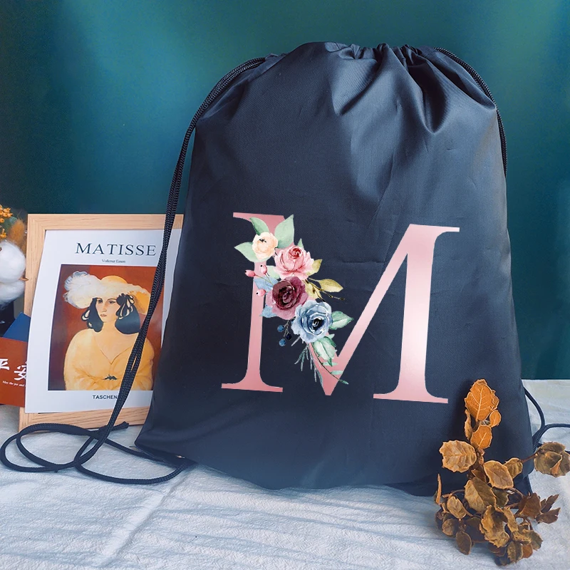 Women Portable Shopping Fashion Custom School Shoe Bag for Girl Drawstring Bag Gym Pouch Bag Pink Letter Print Backpack