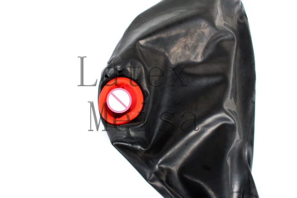 Mouth con-dom latex hoods open nostrils with back zip in solid black color masks