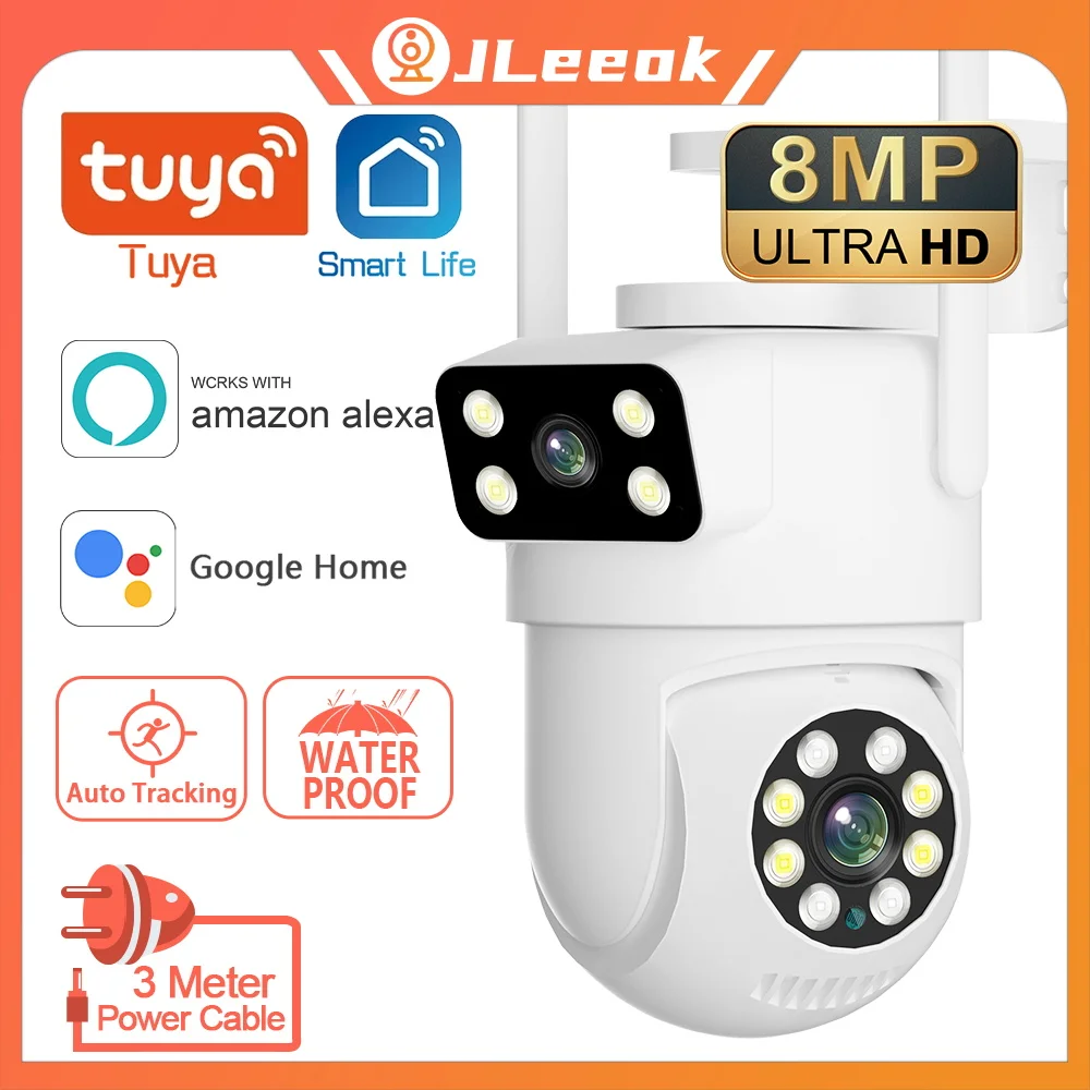 

JLeeok 4K 8MP Dual Lens PTZ WIIF Camera Dual Screen Ai Human Auto Tracking Outdoor 4MP Security Video Surveillance Camera Tuya