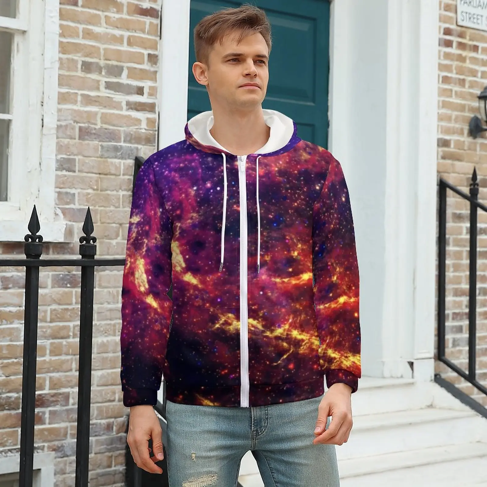 

Galaxy Hoodie Outer Space Trendy Men Winter Hoodies Outdoor Zip Up Hoodie Plus Size XXXL