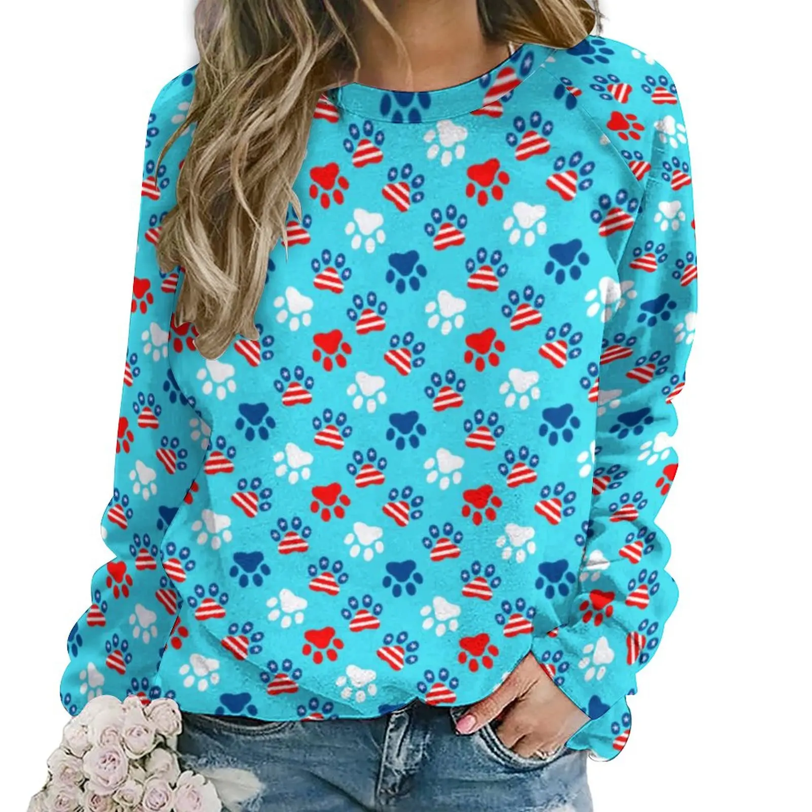 

Cute Dog Paws Casual Hoodies Autumn Patriotic Red White and Blue Cool Hoodie Long-Sleeve Oversize Harajuku Pattern Sweatshirts