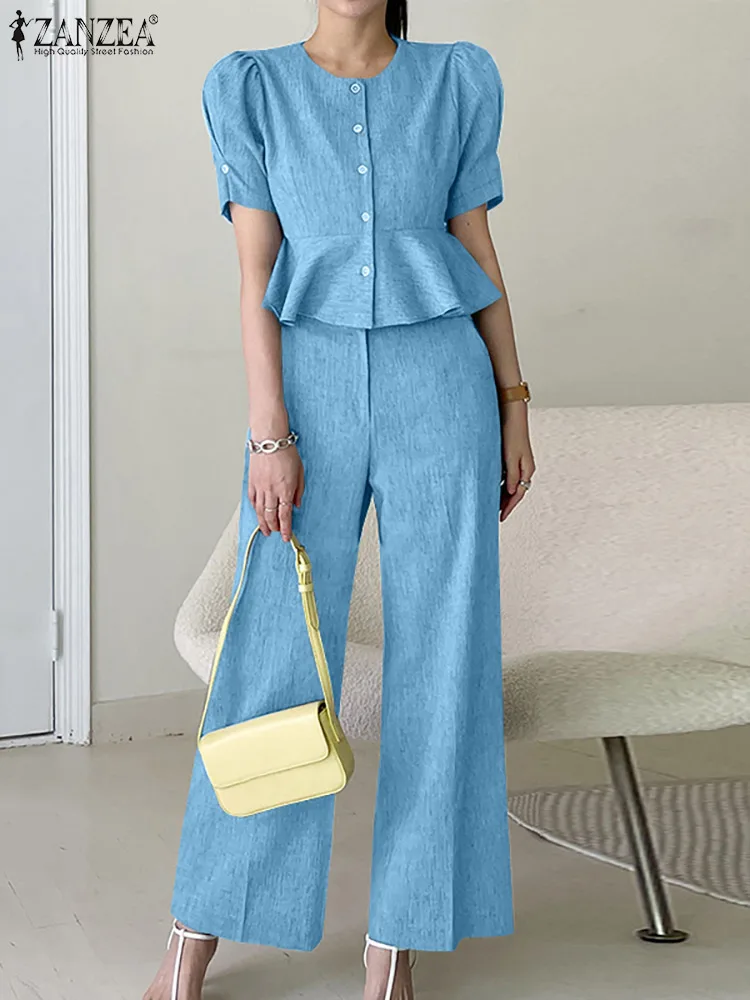 

Fashion Women Suits Sets Tracksuits Summer Short Sleeve Ruffles Shirt Losoe Pants ZANZEA Casual Elegant Solid Outfits Oversized