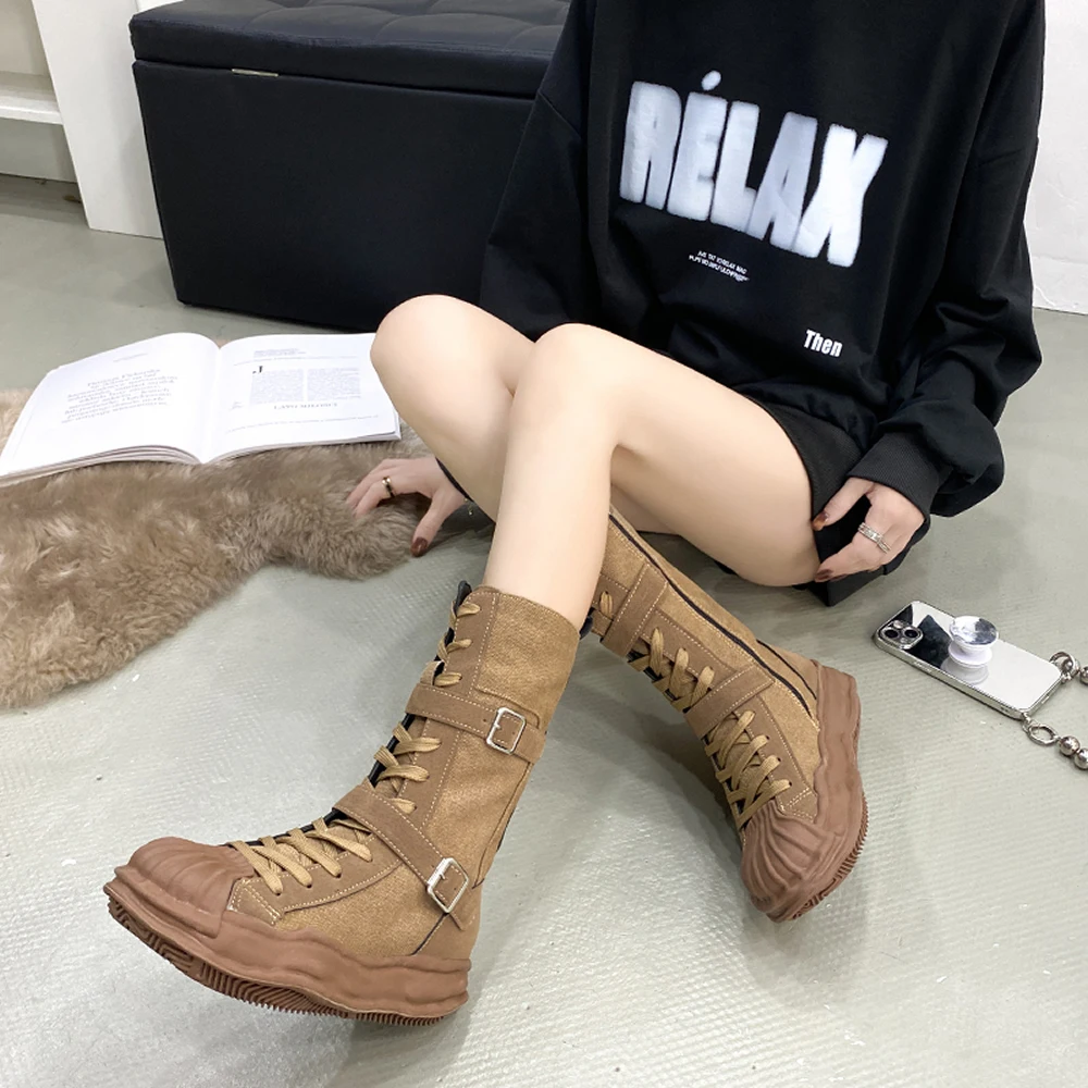 Mid-tube canvas Martin boots female autumn women 2023 new tooling big yellow boots thin thin short boots high top shoes