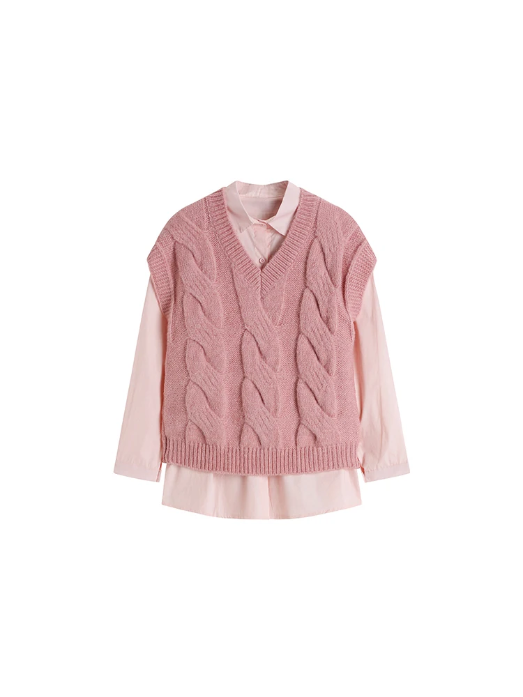 

Classic Basic Solid Color Women Autumn 2 Pieces Outfit V-neck Sleeveless Knit Vest+Baggy Long Sleeve Lapel Blouses Irregular