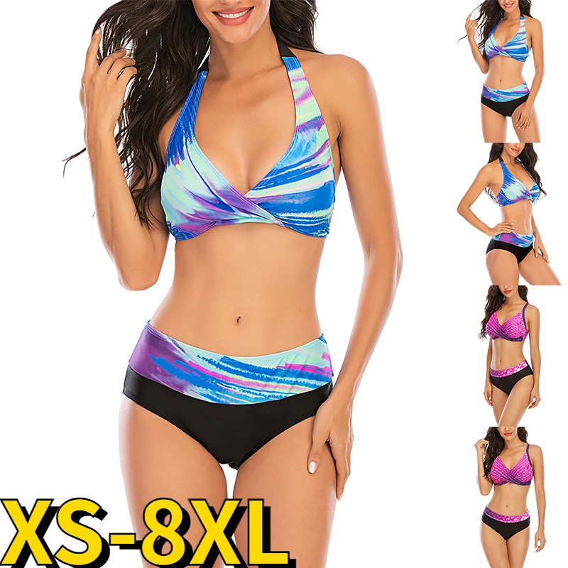 2022 Women Sexy Abstract Printing Two Piece Set Bikini Female Loose Size Swimsuit Beachwear Summer Swimwear High Waist Bathsuit