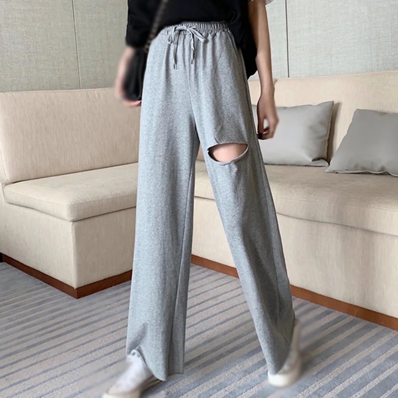 

Autumn Women Wide Leg Pants Fashion Baggy High Waist Stretchy Broken Hole Pant Solid Color Streetwear Trousers Casual Sweatpants