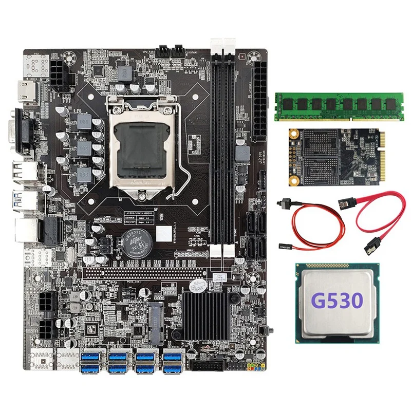 

Материнская плата B75 BTC для майнинга + ЦП G530 + кабель SATA + кабель переключателя + MSATA SSD 128G + DDR3 8 Гб 1600 МГц ОЗУ LGA1155 8xpcie USB Майнер