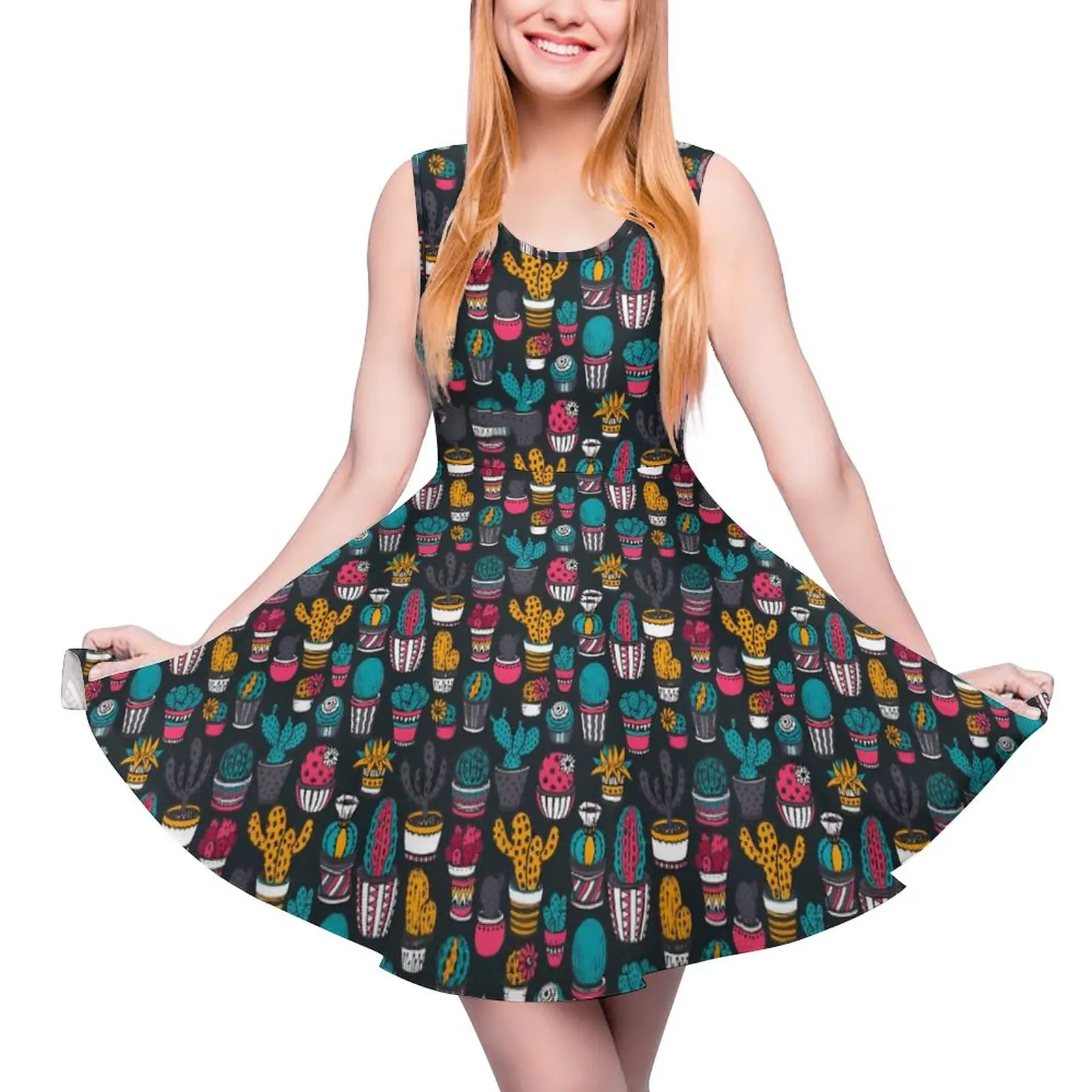 

Hand Drawn Cactus Dress Plants Print Trendy Dresses Sleeveless Streetwear Skate Dress Women Design Vestido Gift Idea