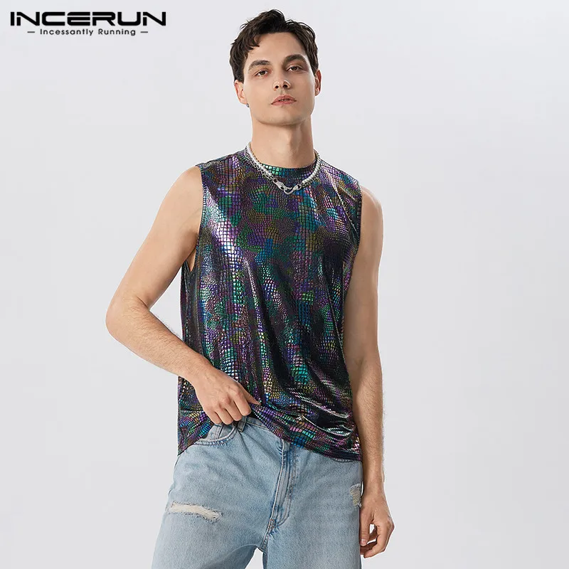 

INCERUN Tops 2023 American Style New Men's Glitter Coated Fabric Vests Casual Party Hot Selling Male Loose Comfortable Waistcoat
