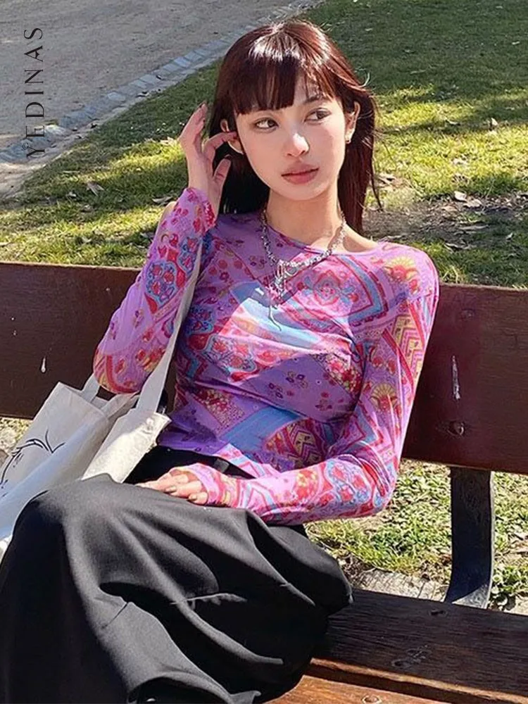 

Уличная одежда Yedinas, Цветочная футболка, женская одежда с длинным рукавом, весна-лето 2023, тонкая футболка, женские шикарные женские топы Y2k 90s