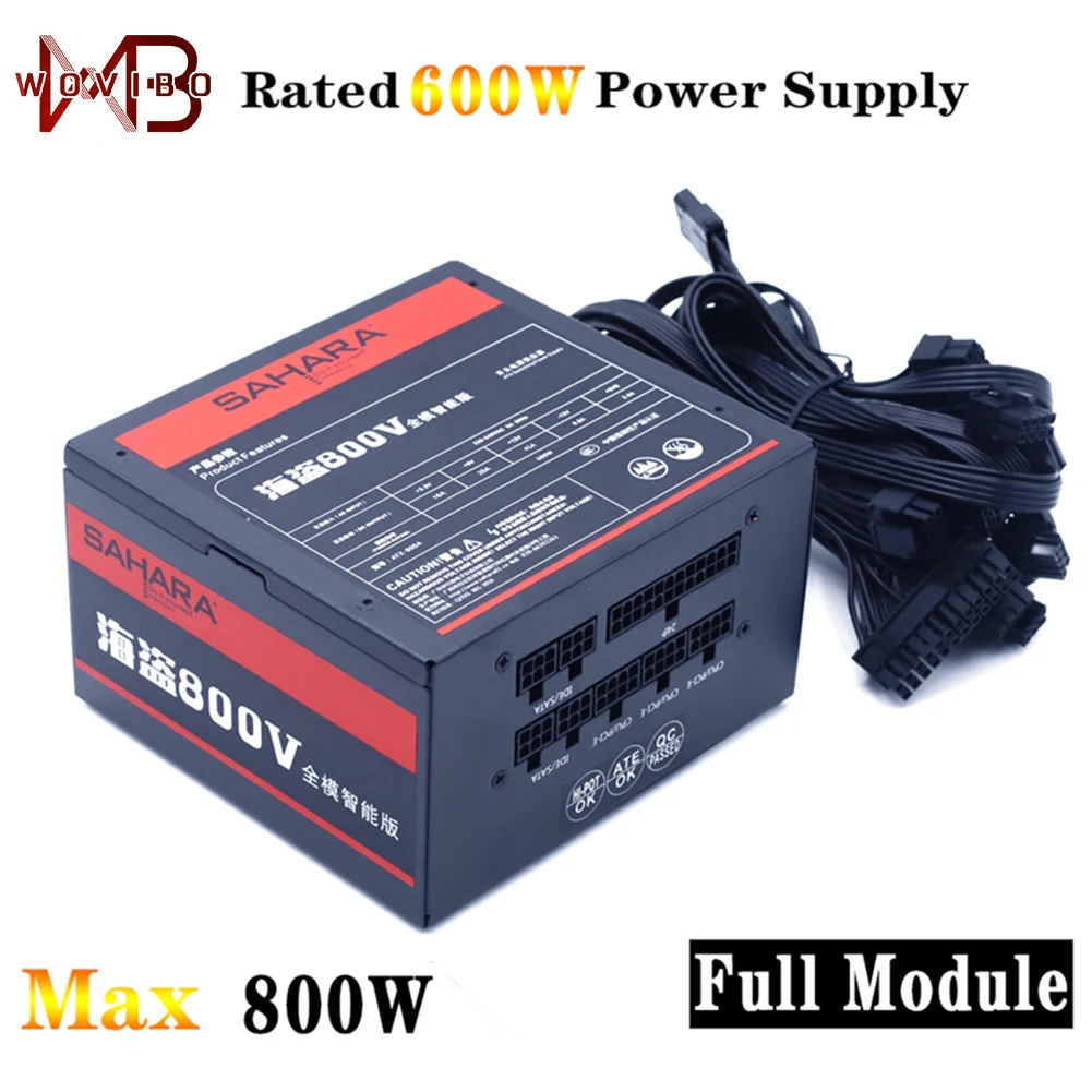 Wovibo PSU Pc Gaming Power Supply Rated 600W Max 800W ATX Computer Fuente de alimentacion 120mm Fan Full Module EU Plug