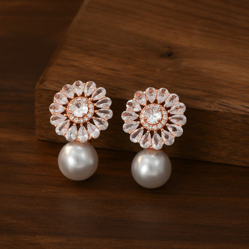 French Autumn and Winter New Retro Pearl Niche Design Exquisite Zircon Petals Light Luxury Earrings for Women Jewelry.