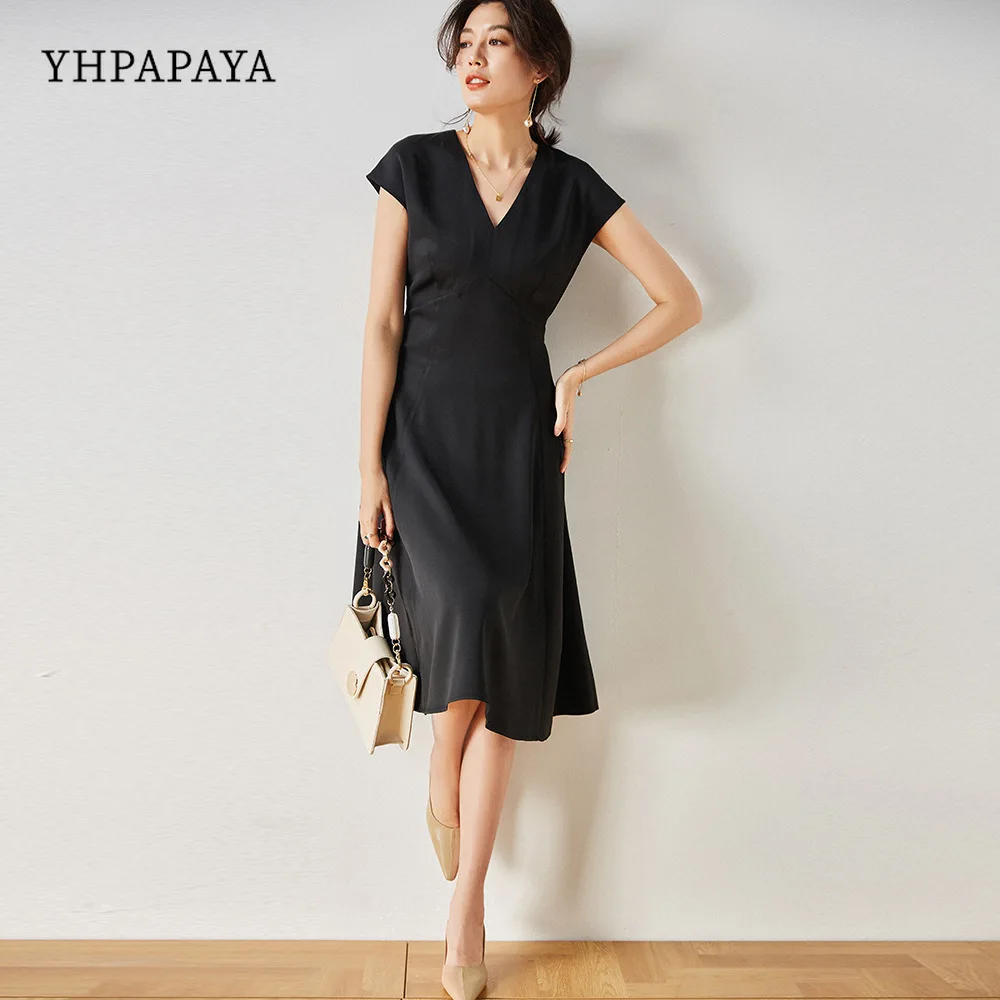 

Spring Women's Casual A-line Summer Elegant V-neck Belt Midi Black Dress Party For Weddings Swing Dress Vestidos With Pleated