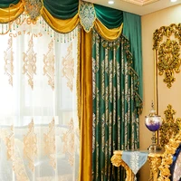new high grade green flannel bronzing jacquard lace stitching blackout curtains for living room bedroom finished product