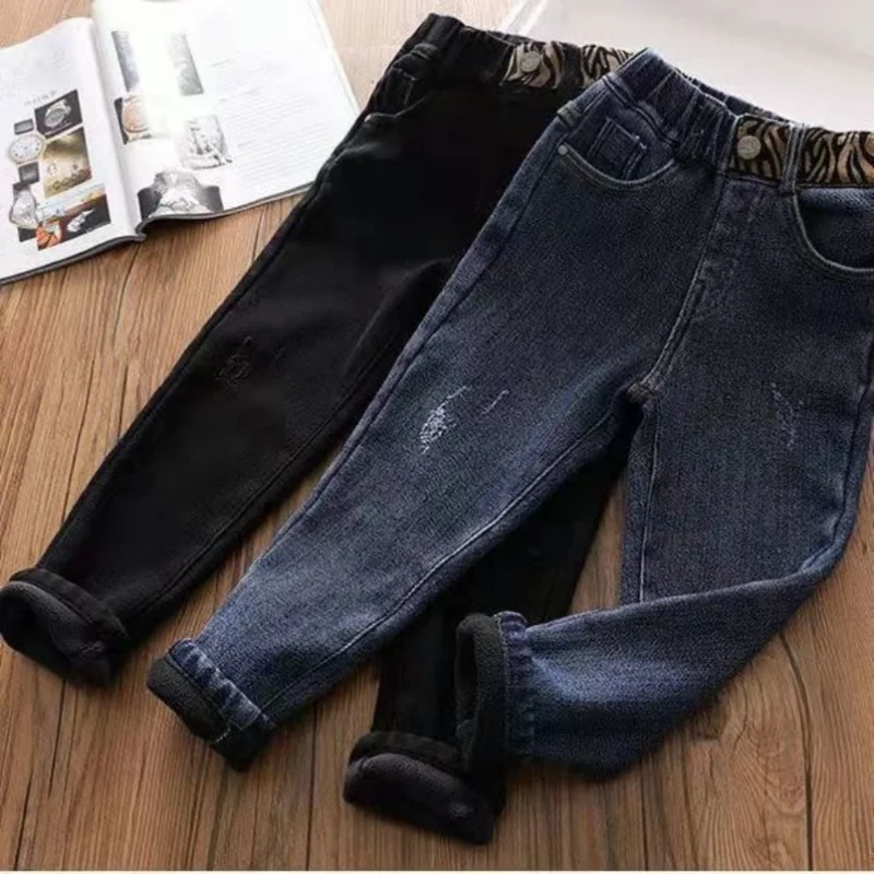 Купи Winter Kids Girls Jeans Slim Casual Pants Black Blue Denim Fleece Thermal Straight Trousers for Children Versatile Stretch Jeans за 923 рублей в магазине AliExpress