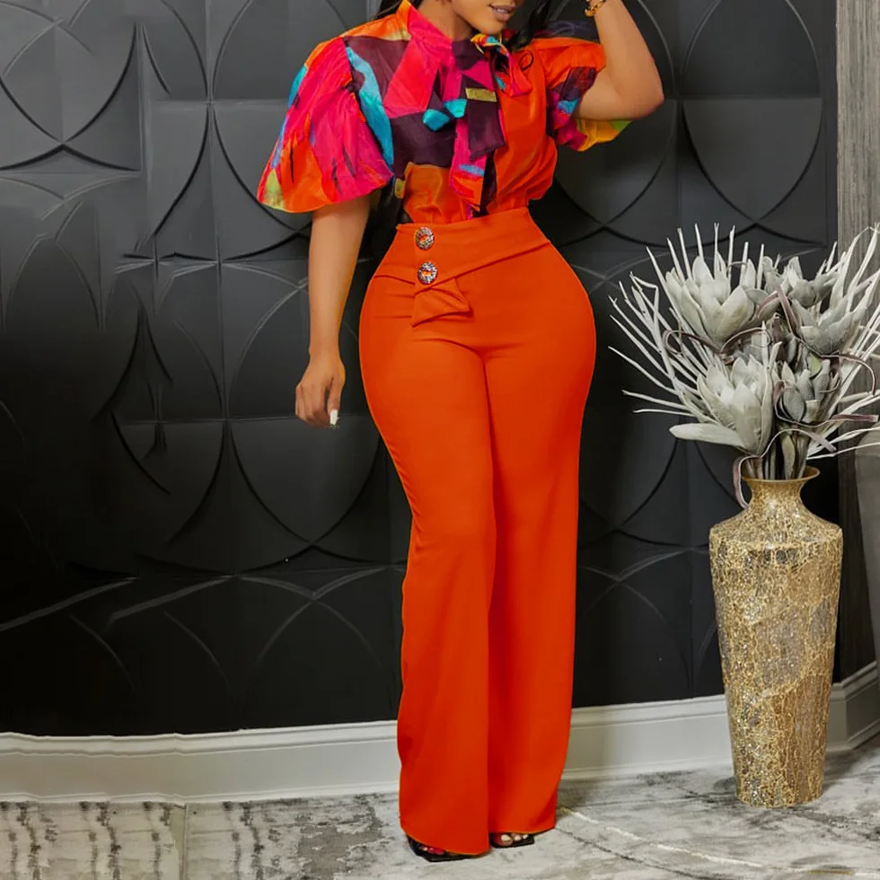 Plus Size Matching Sets Women Print Blouse Shirts Tops And Straight Pants Female Fashion Tracksuits 2023 Summer Two Piece Sets