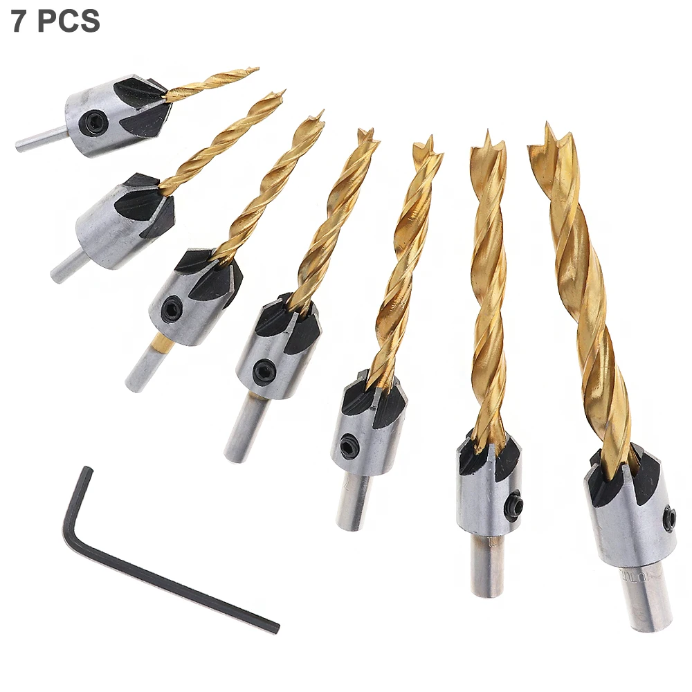 

Woodworking Bits 7pcs/set HSS Titanium Plated 3-10mm Round Handle Woodworking Chamfer Drill Bits with 5 Flute for Bench Drill /