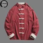 Мужская льняная рубашка с воротником-стойкой, в стиле ретро